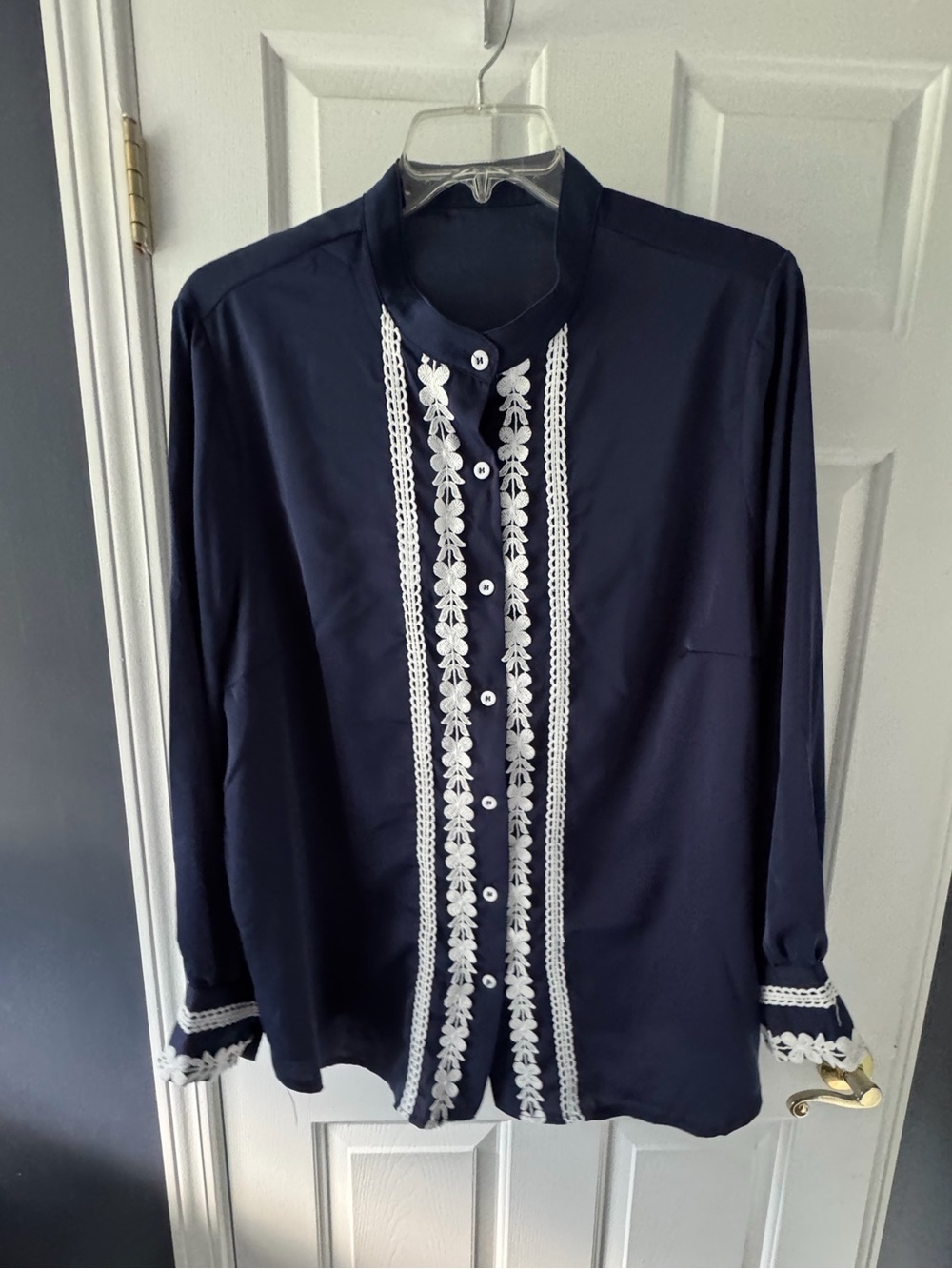 SHEIN Navy Blouse with White Floral Lace Trim